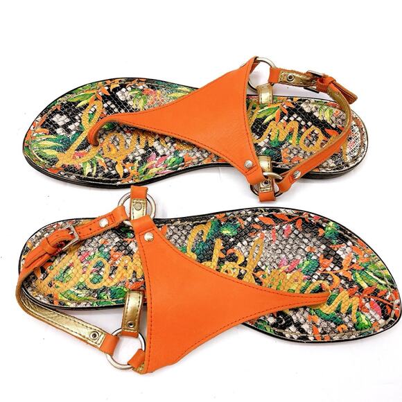 SAM EDELMAN Greta UK EDITION Size 8.5 Orange Floral Flat Sandal Slingback Shoes - Picture 5 of 8